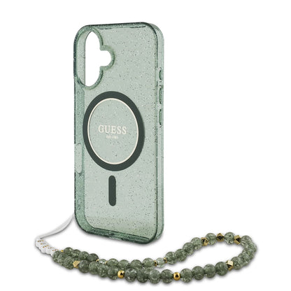 Θήκη MagSafe για Apple iPhone 16 Plus, Guess, IML Glitter με Λουράκι Μαργαριταριού, Πράσινη