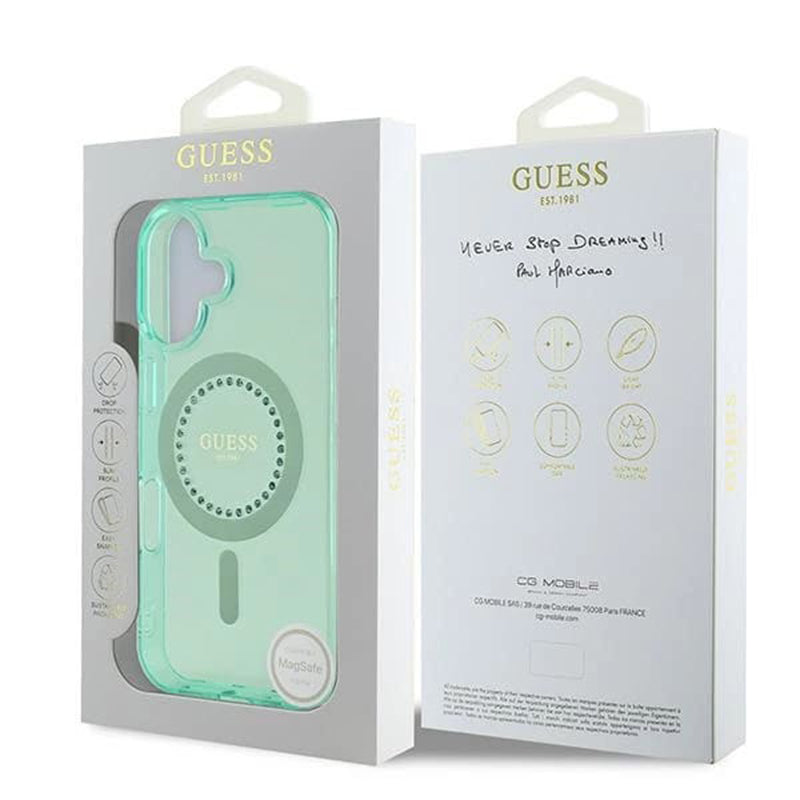 Θήκη MagSafe για Apple iPhone 16 Plus, Guess, IML Rhinestone, Πράσινη