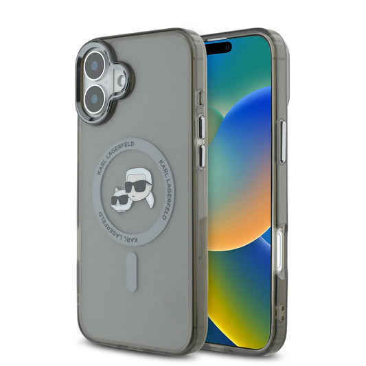 MagSafe Case for Apple iPhone 16 Plus, Karl Lagerfeld, IML Metal Karl & Choupette's Heads, Black