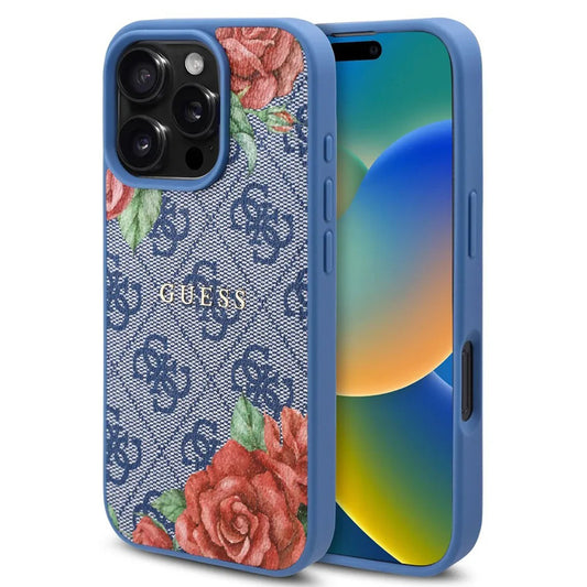 Θήκη MagSafe για Apple iPhone 16 Pro, Guess, 4G Flowers Print, Μπλε