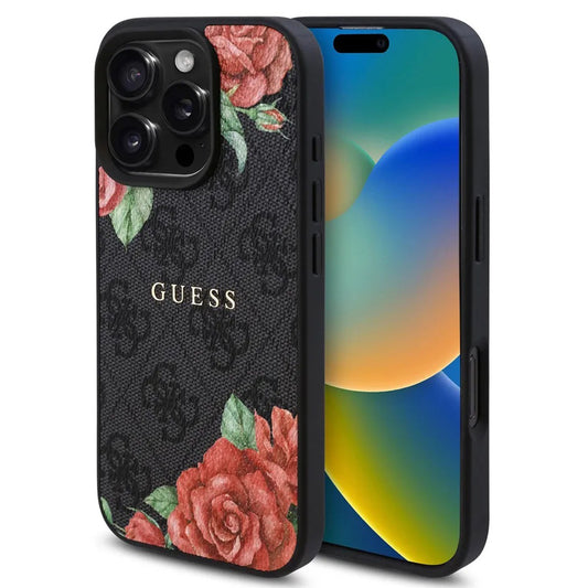 Θήκη MagSafe για Apple iPhone 16 Pro, Guess, 4G Flowers Print, Μαύρη