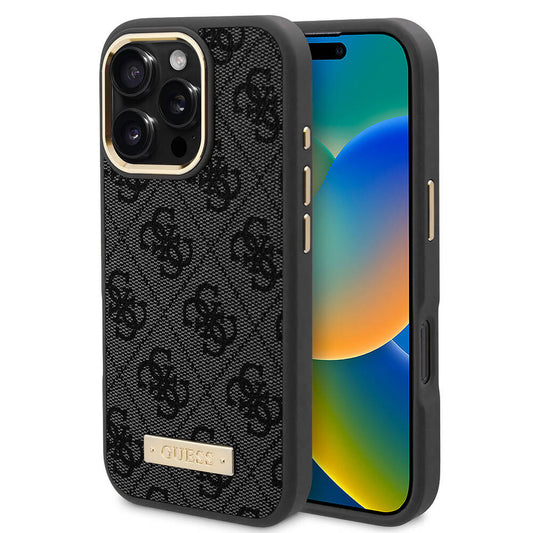 Θήκη MagSafe για Apple iPhone 16 Pro, Guess, 4G Logo Plate, Μαύρη