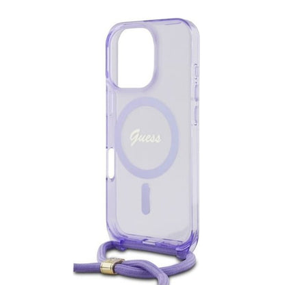 Θήκη MagSafe για Apple iPhone 16 Pro, Guess, IML Crossbody Cord Script, Μωβ