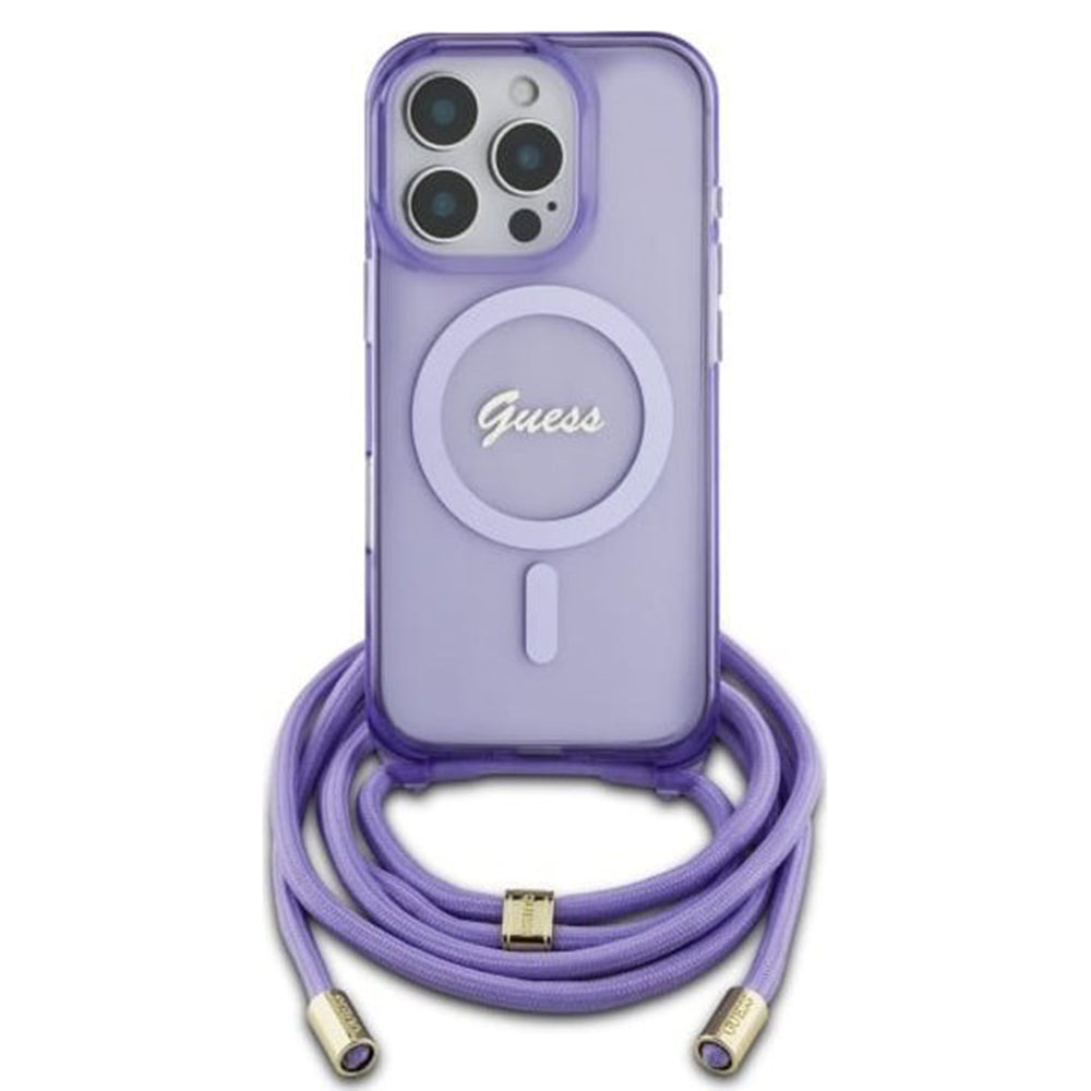 Θήκη MagSafe για Apple iPhone 16 Pro, Guess, IML Crossbody Cord Script, Μωβ