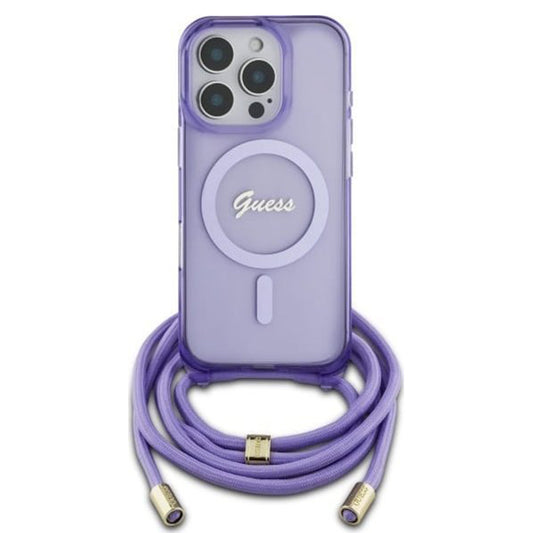 Θήκη MagSafe για Apple iPhone 16 Pro, Guess, IML Crossbody Cord Script, Μωβ