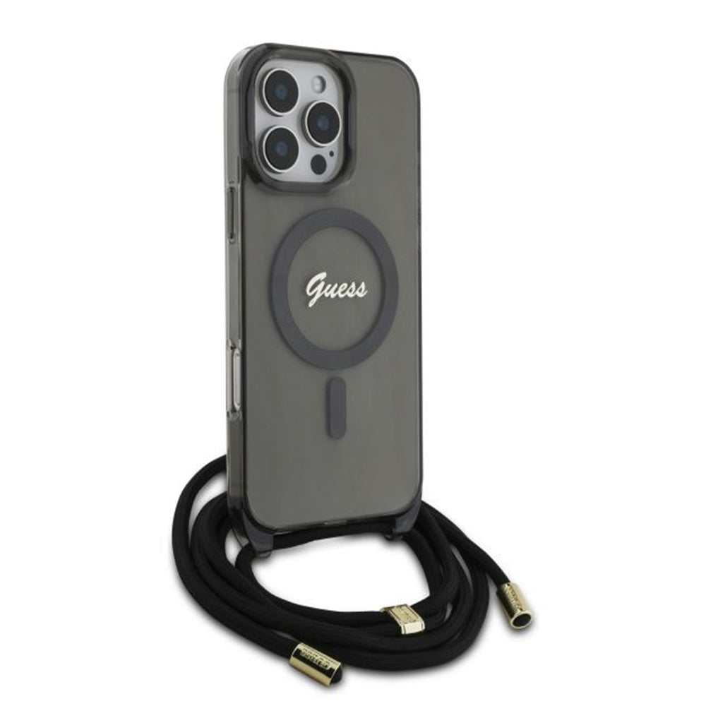 Θήκη MagSafe για Apple iPhone 16 Pro, Guess, IML Crossbody Cord Script, Μαύρη