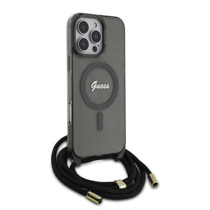 Θήκη MagSafe για Apple iPhone 16 Pro, Guess, IML Crossbody Cord Script, Μαύρη