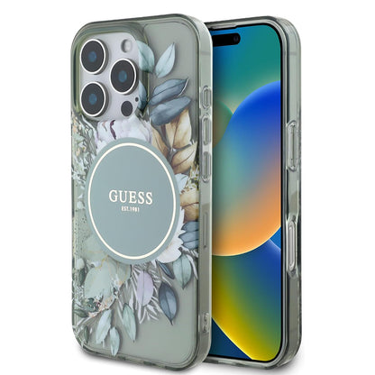 Θήκη MagSafe για Apple iPhone 16 Pro, Guess, IML Flower & Tonal Circle, Πράσινο