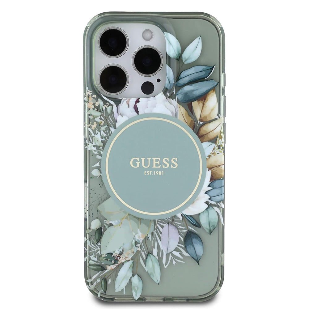 Θήκη MagSafe για Apple iPhone 16 Pro, Guess, IML Flower & Tonal Circle, Πράσινο