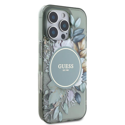 Θήκη MagSafe για Apple iPhone 16 Pro, Guess, IML Flower & Tonal Circle, Πράσινο