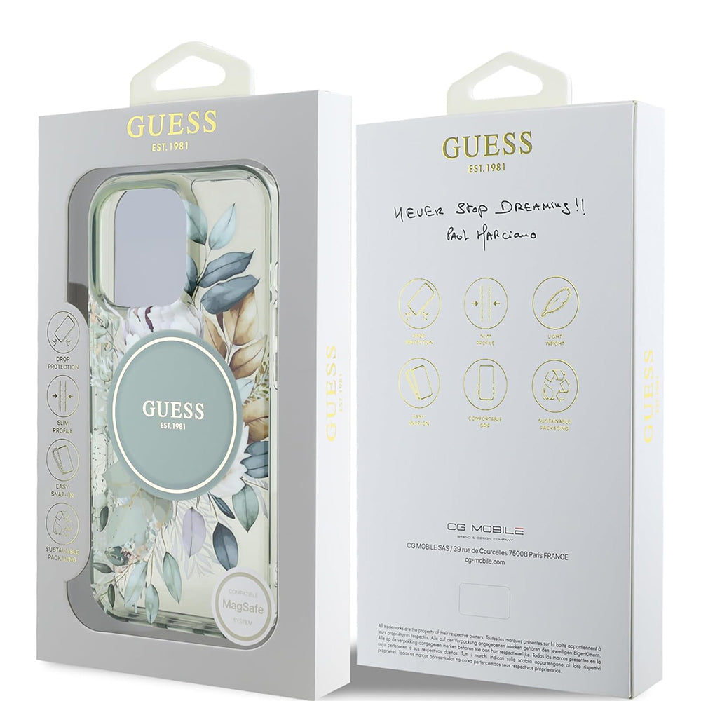 Θήκη MagSafe για Apple iPhone 16 Pro, Guess, IML Flower & Tonal Circle, Πράσινο