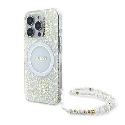 Θήκη MagSafe για Apple iPhone 16 Pro, Guess, IML Flowers Allover Electroplated with Pearl Strap, Λευκή