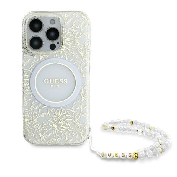 Θήκη MagSafe για Apple iPhone 16 Pro, Guess, IML Flowers Allover Electroplated with Pearl Strap, Λευκή