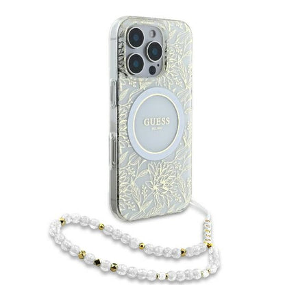 Θήκη MagSafe για Apple iPhone 16 Pro, Guess, IML Flowers Allover Electroplated with Pearl Strap, Λευκή
