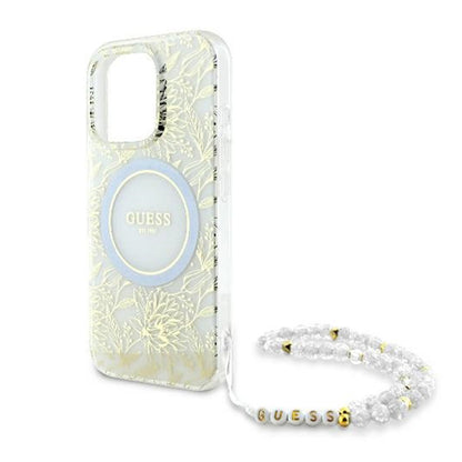 Θήκη MagSafe για Apple iPhone 16 Pro, Guess, IML Flowers Allover Electroplated with Pearl Strap, Λευκή