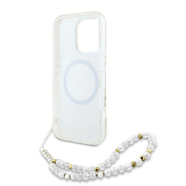 Θήκη MagSafe για Apple iPhone 16 Pro, Guess, IML Flowers Allover Electroplated with Pearl Strap, Λευκή