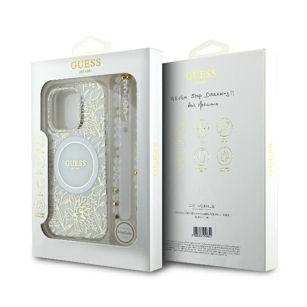 Θήκη MagSafe για Apple iPhone 16 Pro, Guess, IML Flowers Allover Electroplated with Pearl Strap, Λευκή