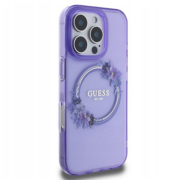 MagSafe Case for Apple iPhone 16 Pro, Guess, IML Flowers Wreath, Purple
