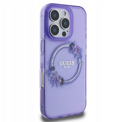 MagSafe Case for Apple iPhone 16 Pro, Guess, IML Flowers Wreath, Purple