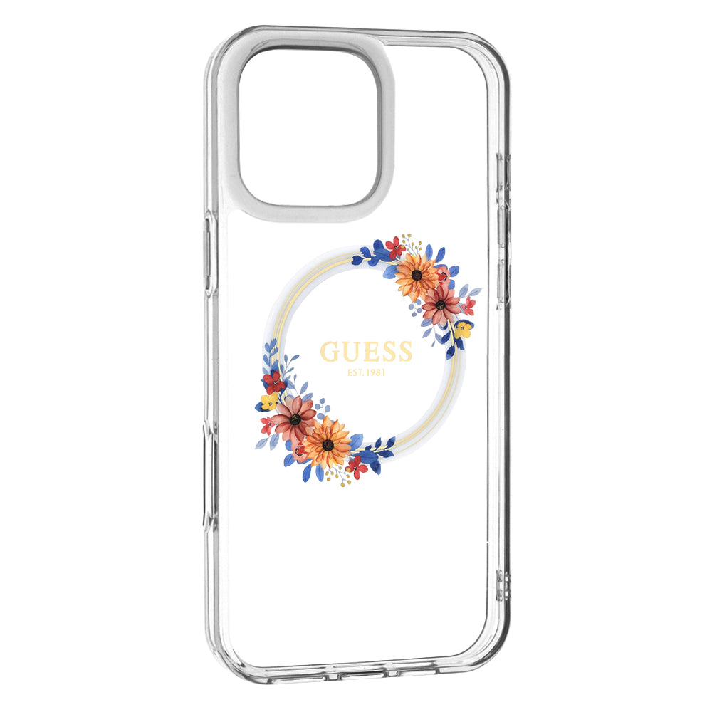 Θήκη MagSafe για Apple iPhone 16 Pro, Guess, IML Flowers Wreath, Διάφανη