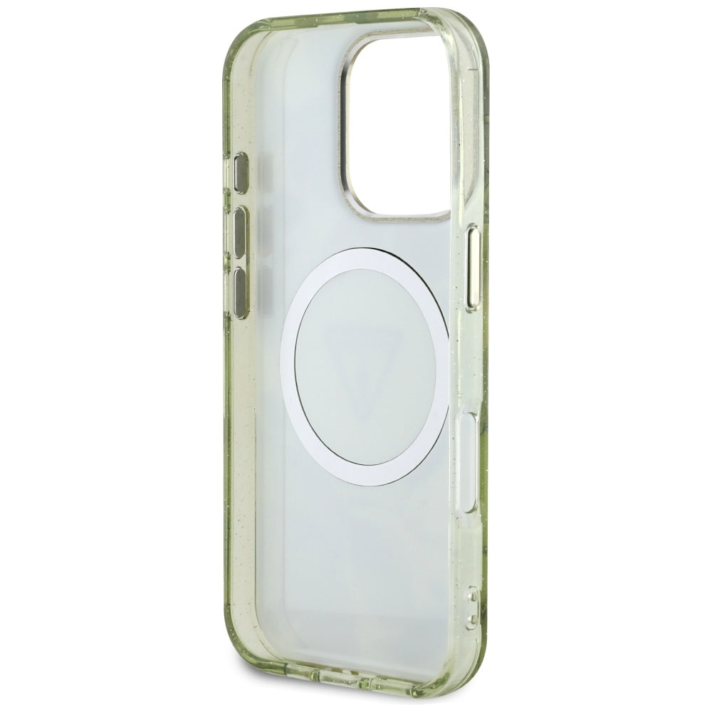 Θήκη MagSafe για Apple iPhone 16 Pro, Guess, IML Metal Glitter Flowers Triangle, Πράσινο