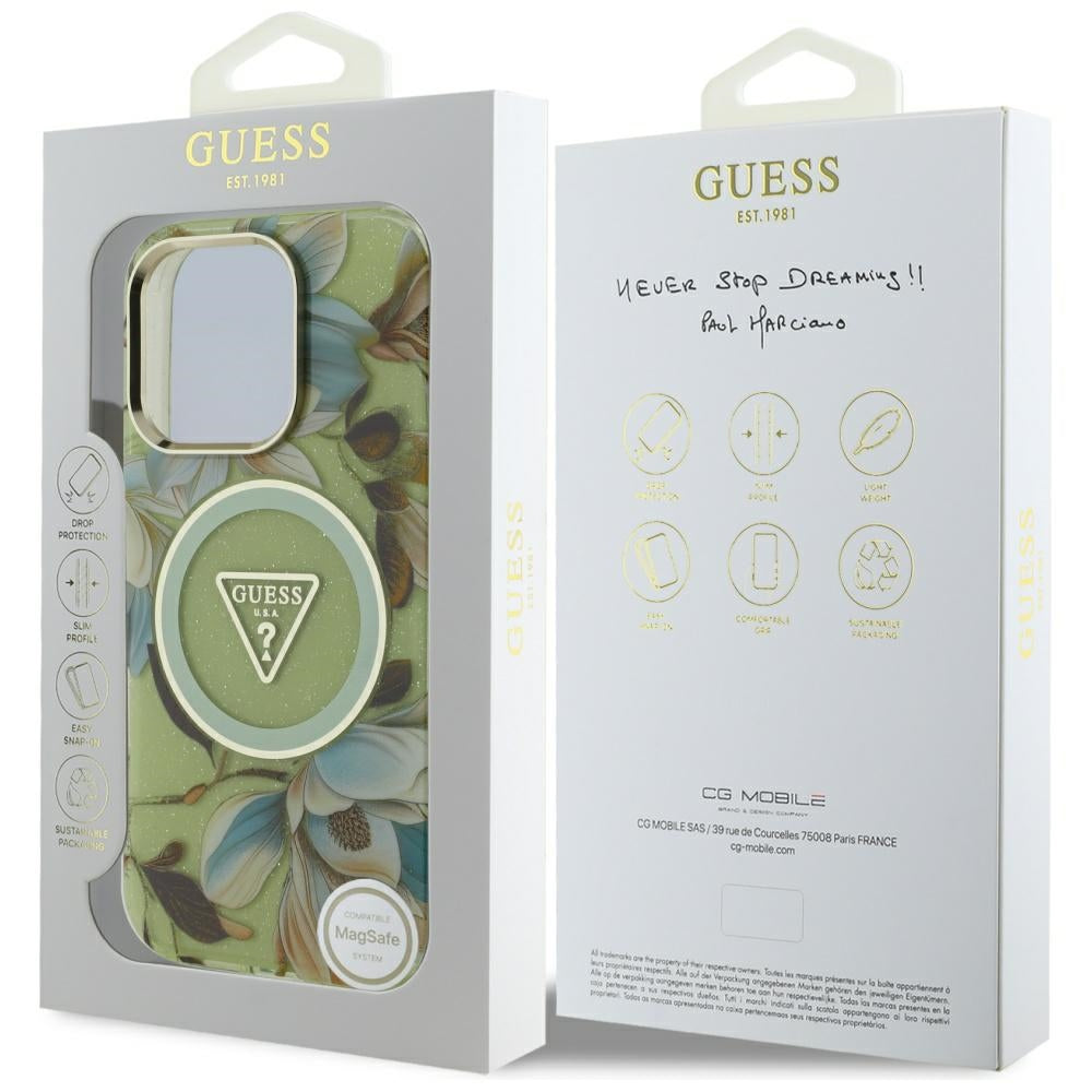 Θήκη MagSafe για Apple iPhone 16 Pro, Guess, IML Metal Glitter Flowers Triangle, Πράσινο