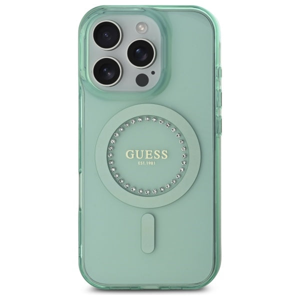 Θήκη MagSafe για Apple iPhone 16 Pro, Guess, IML Rhinestone, Πράσινη