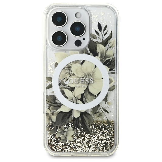 MagSafe Case for Apple iPhone 16 Pro, Guess, Liquid Glitter Flower, Beige