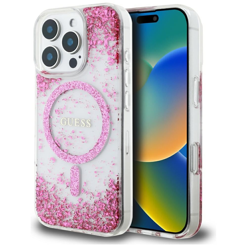 Θήκη MagSafe για Apple iPhone 16 Pro, Guess, Resin Bottom Glitter, Ροζ