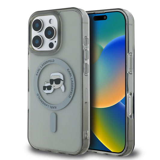 MagSafe Case for Apple iPhone 16 Pro, Karl Lagerfeld, IML Metal Karl & Choupette's Heads, Black