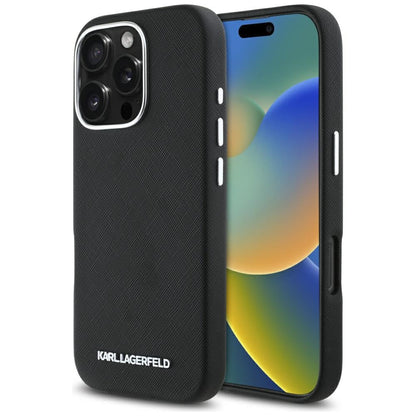 Θήκη MagSafe για Apple iPhone 16 Pro, Karl Lagerfeld, Saffiano Full Wrapped Elongated Metal Logo, Μαύρη