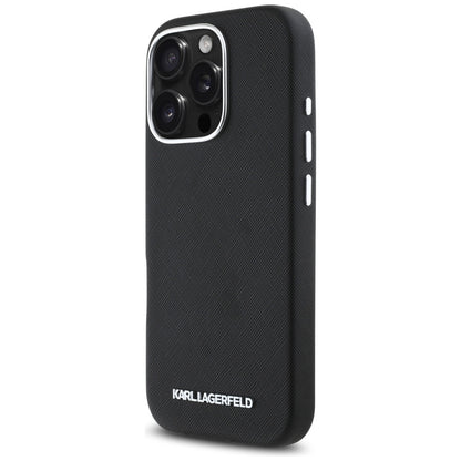 Θήκη MagSafe για Apple iPhone 16 Pro, Karl Lagerfeld, Saffiano Full Wrapped Elongated Metal Logo, Μαύρη