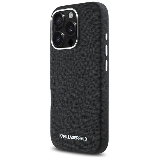 Θήκη MagSafe για Apple iPhone 16 Pro, Karl Lagerfeld, Saffiano Full Wrapped Elongated Metal Logo, Μαύρη