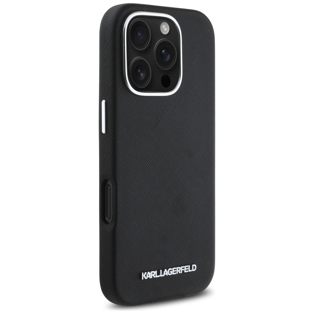Θήκη MagSafe για Apple iPhone 16 Pro, Karl Lagerfeld, Saffiano Full Wrapped Elongated Metal Logo, Μαύρη