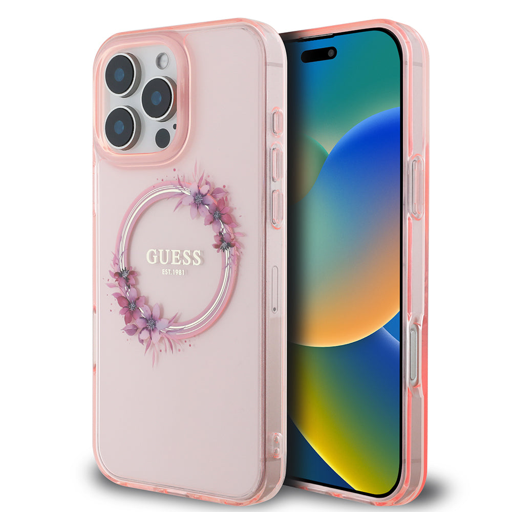 Θήκη MagSafe για Apple iPhone 16 Pro Max, Guess, IML Flowers Wreath, Ροζ