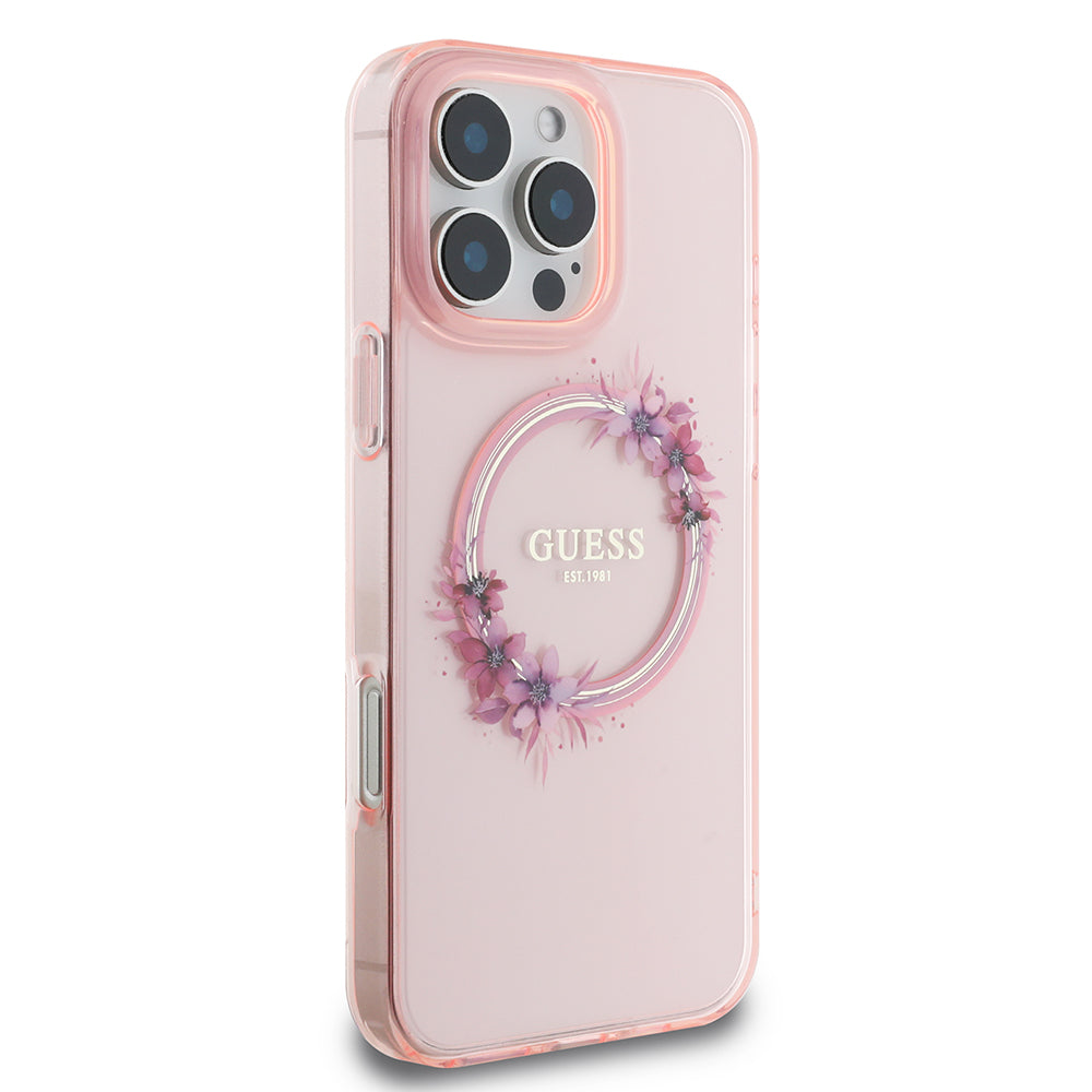 Θήκη MagSafe για Apple iPhone 16 Pro Max, Guess, IML Flowers Wreath, Ροζ