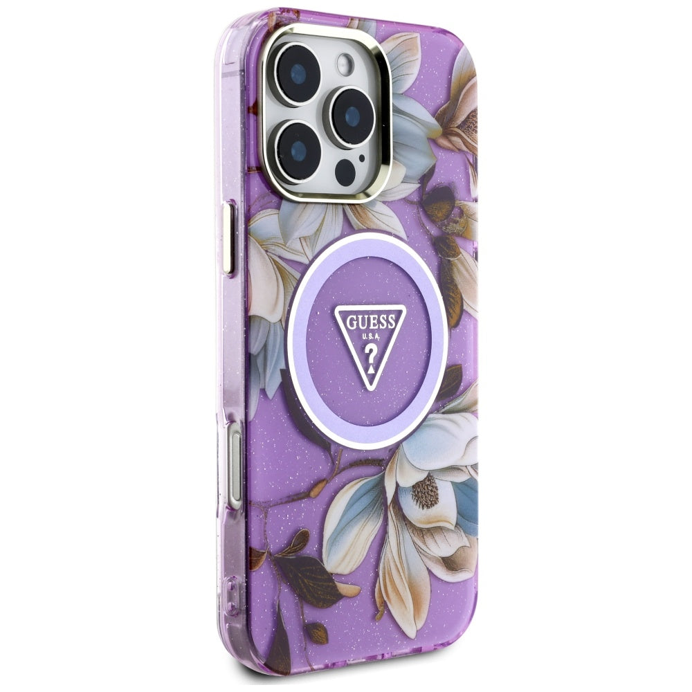 Θήκη MagSafe για Apple iPhone 16 Pro Max, Guess, IML Metal Glitter Flowers Triangle, Μωβ