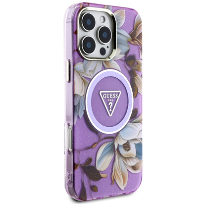 Θήκη MagSafe για Apple iPhone 16 Pro Max, Guess, IML Metal Glitter Flowers Triangle, Μωβ