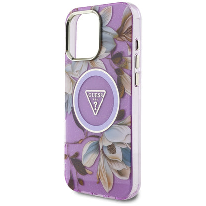 Θήκη MagSafe για Apple iPhone 16 Pro Max, Guess, IML Metal Glitter Flowers Triangle, Μωβ