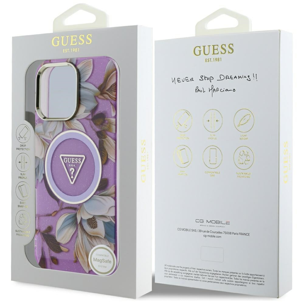 Θήκη MagSafe για Apple iPhone 16 Pro Max, Guess, IML Metal Glitter Flowers Triangle, Μωβ
