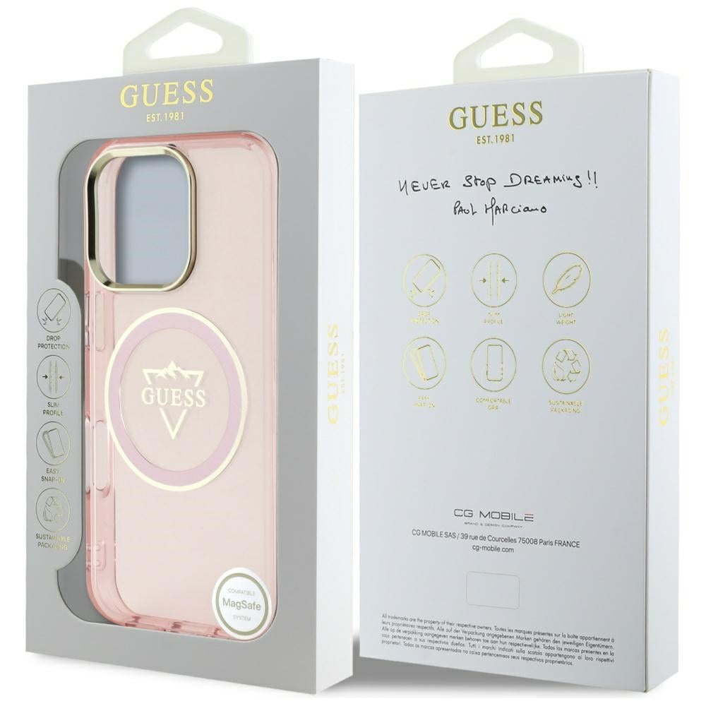 Θήκη MagSafe για Apple iPhone 16 Pro Max, Guess, IML Metal Mountain Logo, Ροζ