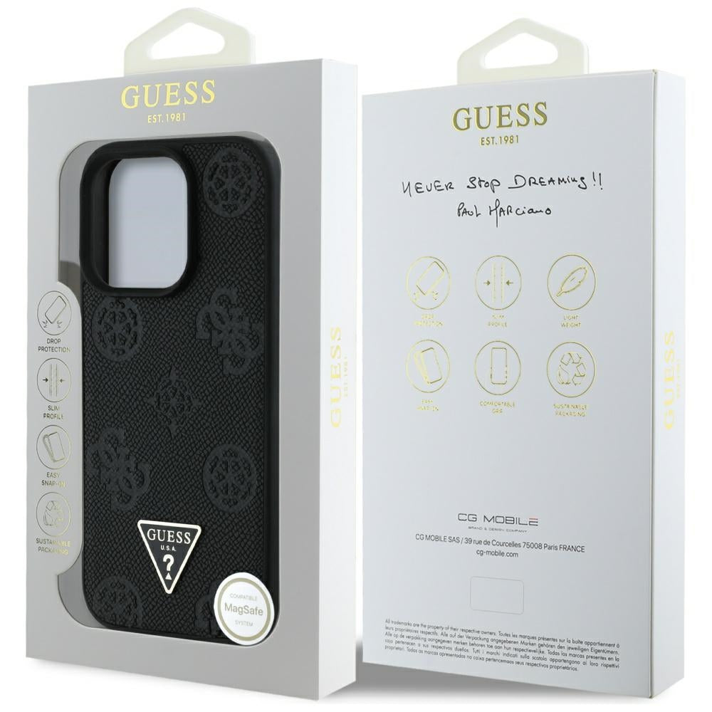 Θήκη MagSafe για Apple iPhone 16 Pro Max, Guess, Peony Grained Hot Stamp Triangle, Μαύρη