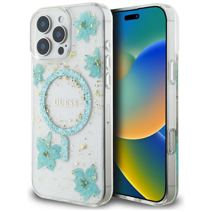 Θήκη MagSafe για Apple iPhone 16 Pro Max, Guess, Resin Flowers and Glitter, Τυρκουάζ
