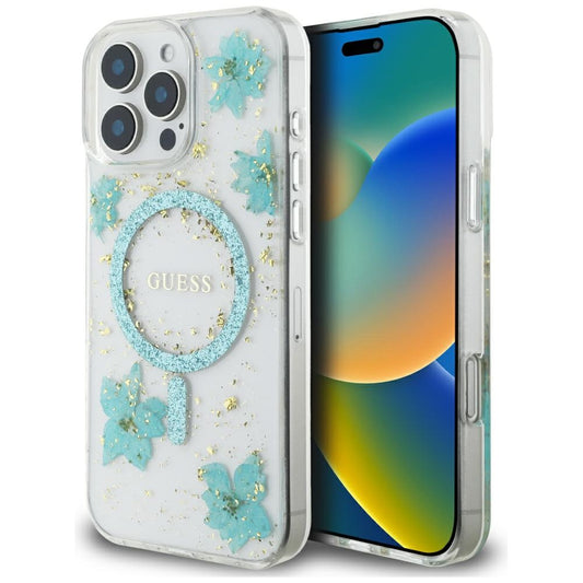 Θήκη MagSafe για Apple iPhone 16 Pro Max, Guess, Resin Flowers and Glitter, Τυρκουάζ