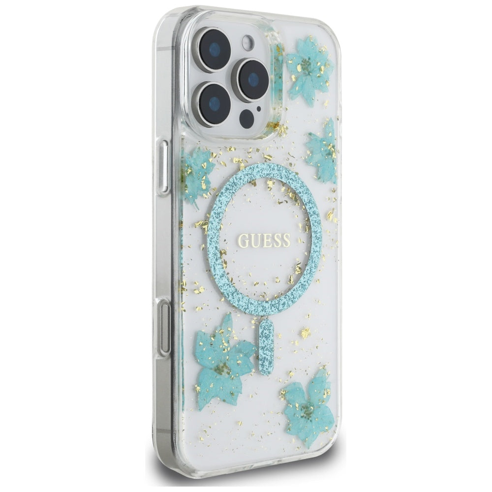 Θήκη MagSafe για Apple iPhone 16 Pro Max, Guess, Resin Flowers and Glitter, Τυρκουάζ