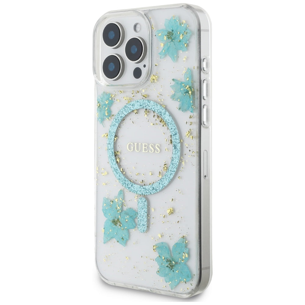 Θήκη MagSafe για Apple iPhone 16 Pro Max, Guess, Resin Flowers and Glitter, Τυρκουάζ