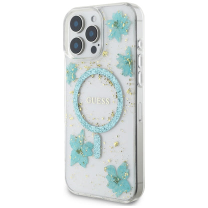 Θήκη MagSafe για Apple iPhone 16 Pro Max, Guess, Resin Flowers and Glitter, Τυρκουάζ