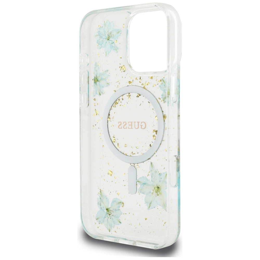 Θήκη MagSafe για Apple iPhone 16 Pro Max, Guess, Resin Flowers and Glitter, Τυρκουάζ