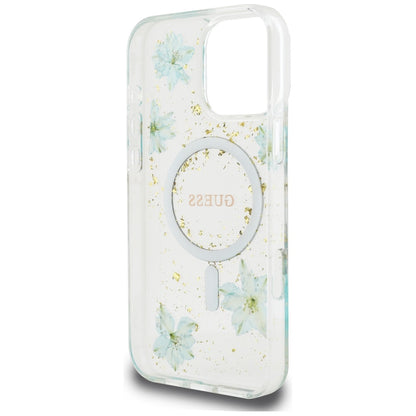 Θήκη MagSafe για Apple iPhone 16 Pro Max, Guess, Resin Flowers and Glitter, Τυρκουάζ