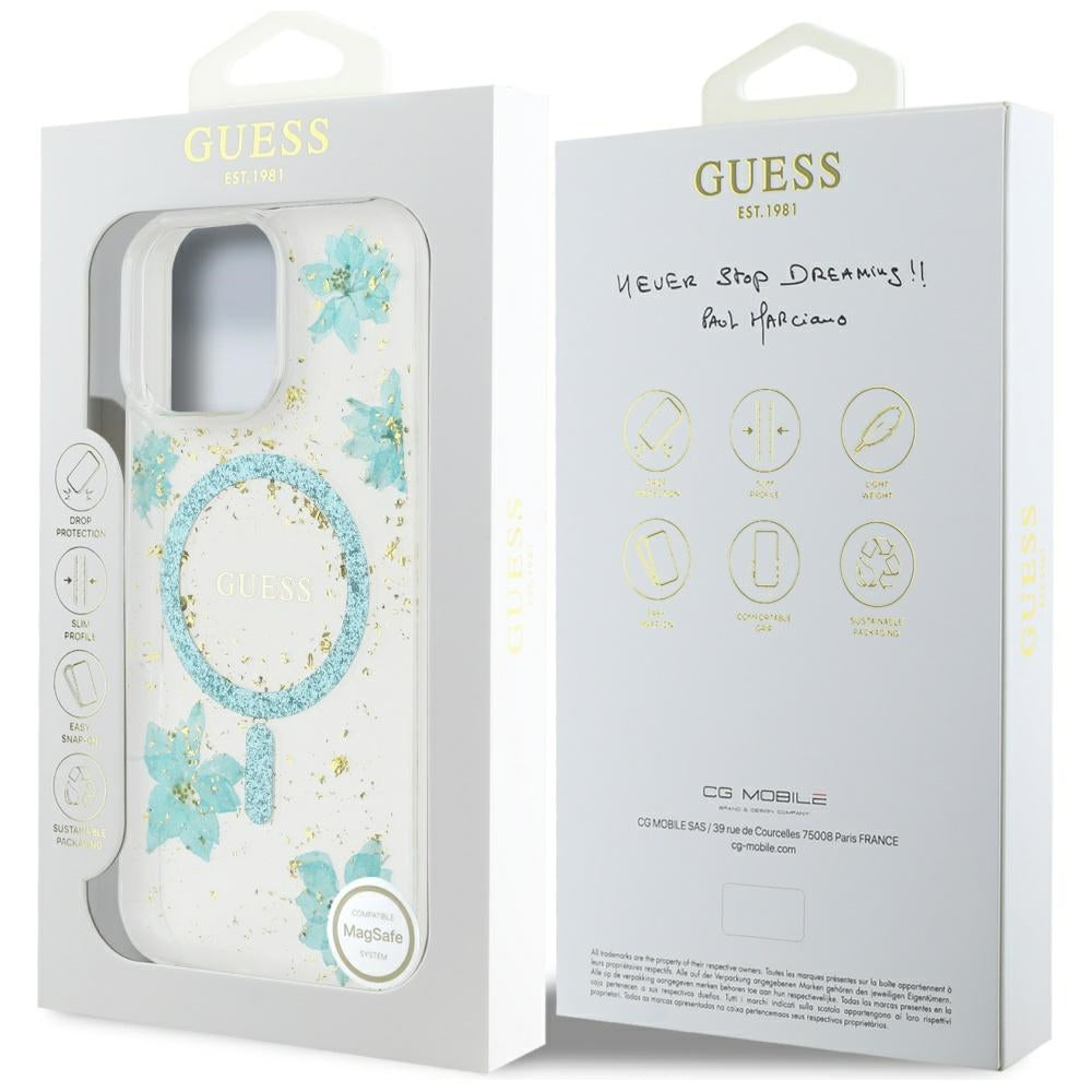 Θήκη MagSafe για Apple iPhone 16 Pro Max, Guess, Resin Flowers and Glitter, Τυρκουάζ